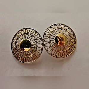 Large vintage 1980s gold tone filigree round luxury, maximalist clip on earrings